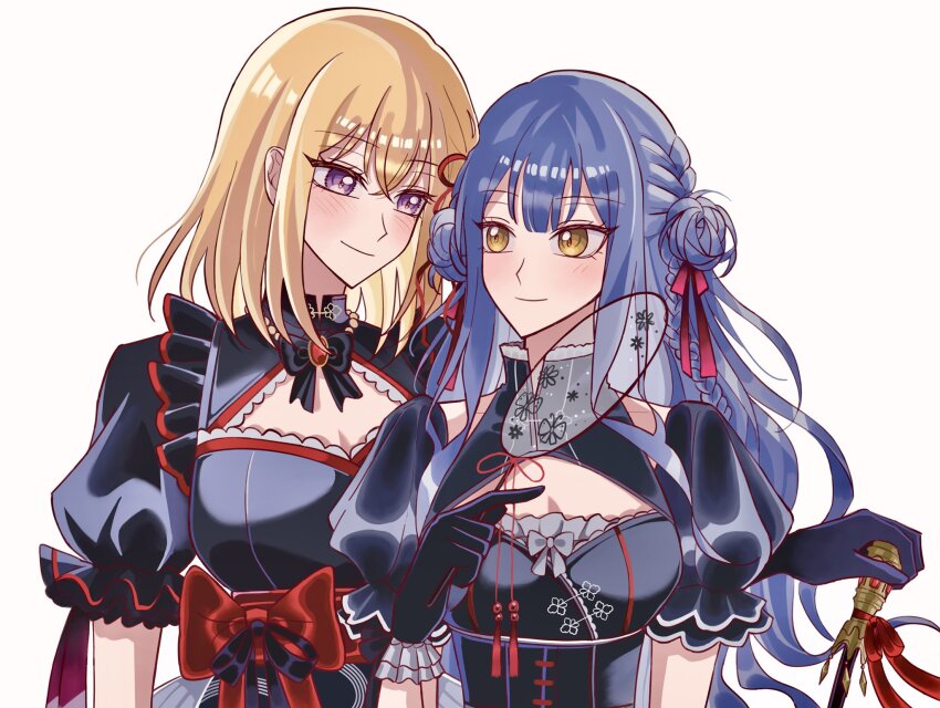 200bpmsoiya, 2girls, bang_dream!, bang_dream!_it's_mygo!!!!!, black_bow, black_bowtie, black_dress, black_gloves