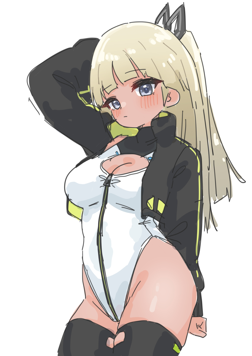 1girl, alice_gear_aegis, araime_yasuri, black_jacket, black_thighhighs, blonde_hair, blue_eyes, blunt_bangs