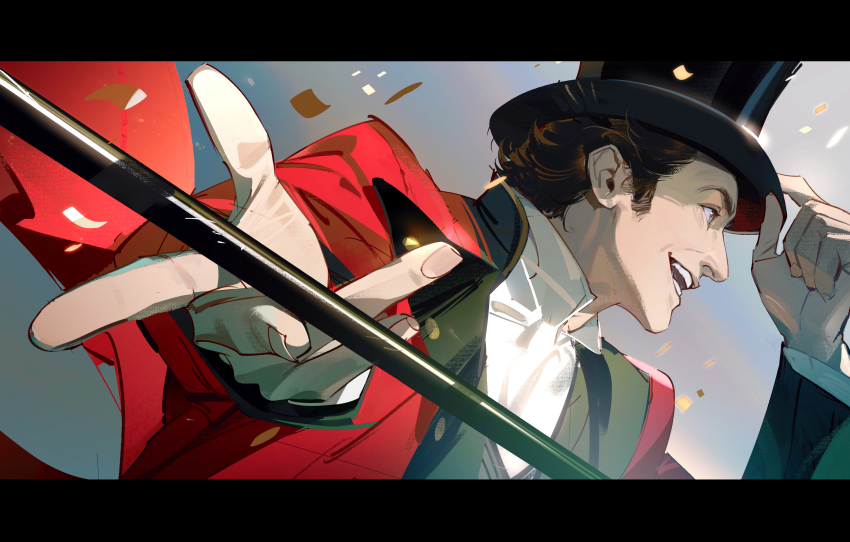 1boy, absurdres, adjusting_clothes, adjusting_headwear, black_hair, cane, confetti, fingernails