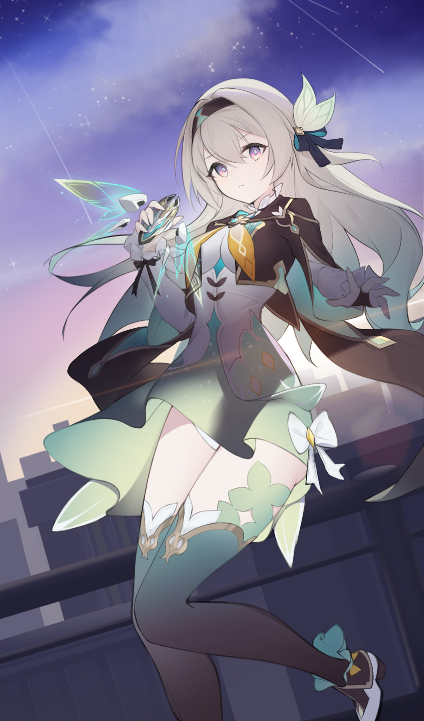 1girl, afaalphaxd, black_hairband, black_thighhighs, breasts, bridal_gauntlets, building, closed_mouth