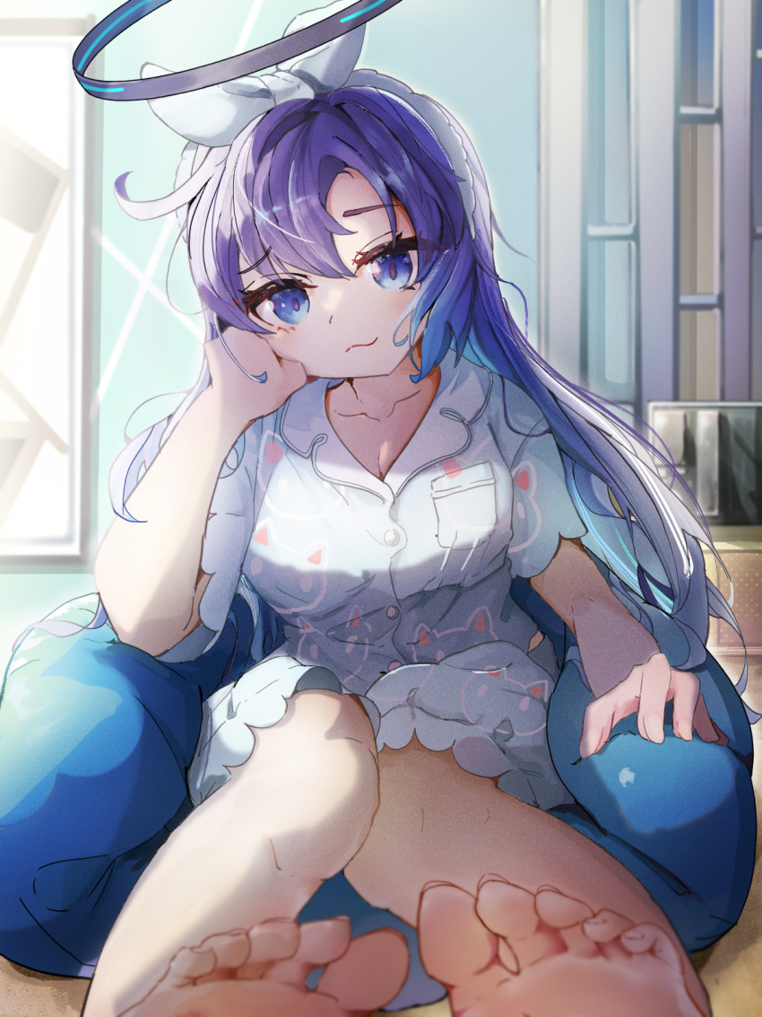 1girl, animal_print, barefoot, bedroom, blue_archive, blue_eyes, blue_hair, blue_pajamas, blue_shirt, blue_shorts, blurry, blurry_foreground, bow_hairband, breast_pocket, breasts, buttons, cat_print, commentary_request, cushion, depth_of_field, foreshortening, hairband, halo, hand_on_own_cheek, hand_on_own_face, head_rest, highres, indoors, kouchir, long_hair, looking_at_viewer, mechanical_halo, medium_breasts, messy_hair, official_alternate_costume, official_alternate_hairstyle, on_cushion, pajamas, pocket, red_pupils, shirt, short_sleeves, shorts, sidelighting, sitting, smile, smug, solo, sunlight, swept_bangs, toenails, toes, white_hairband, yuuka_(blue_archive), yuuka_(pajamas)_(blue_archive)