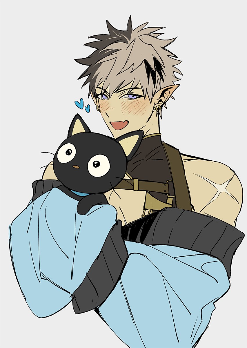1boy, animal, belt, black_cat, black_shirt, blue_sweater, blush, brown_hair