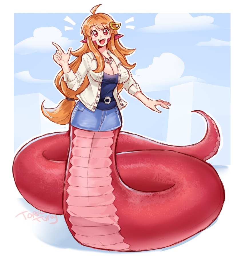 1girl, ahoge, artist_name, blue_skirt, blush, breasts, cleavage, commentary