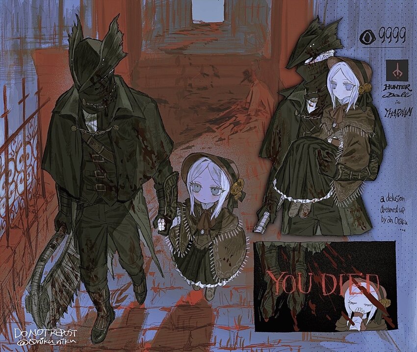 0niku_niku, 1boy, 1girl, aged_down, ascot, bloodborne, bonnet, cloak, closed_mouth, corpse, doll_joints, dress, fence, flower, gloves, grey_hair, hat, highres, holding, holding_hands, holding_weapon, hunter_(bloodborne), joints, open_door, parted_bangs, plain_doll, red_ascot, rose, saw, saw_cleaver, short_hair, tricorne, weapon, white_hair, you_died