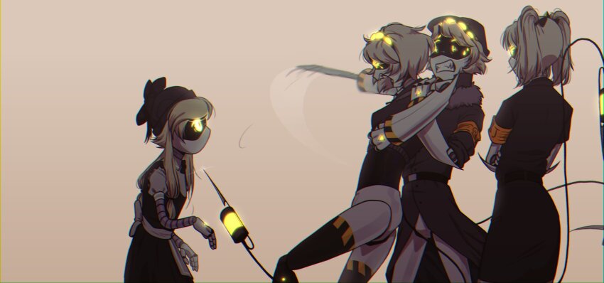1boy, 3girls, android, black_hat, cyn_(murder_drones), hat, highres, humanoid_robot, j_(murder_drones), lazydeer06, long_hair, mechanical_arms, multiple_girls, murder_drones, n_(murder_drones), open_mouth, restrained, robot, short_hair, short_sleeves, simple_background, v_(murder_drones), white_hair, yellow_eyes