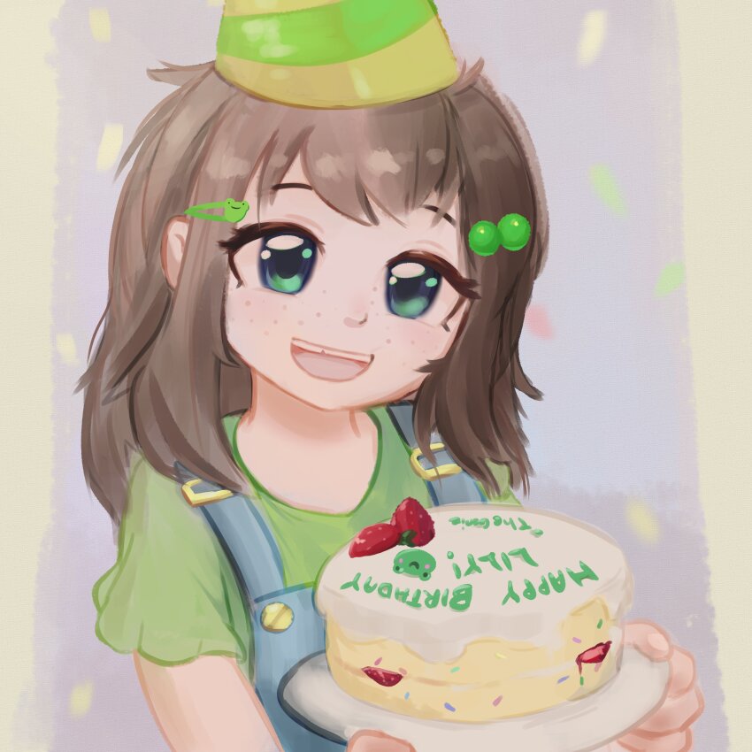 1girl, 2024, absurdres, blue_overalls, brown_hair, cake, character_name, child, english_text, food, freckles, green_eyes, green_shirt, happy_birthday, hat, highres, holding, holding_plate, indie_virtual_youtuber, lily_hopkins, open_mouth, overalls, party_hat, plate, shirt, solo, thegeniea1