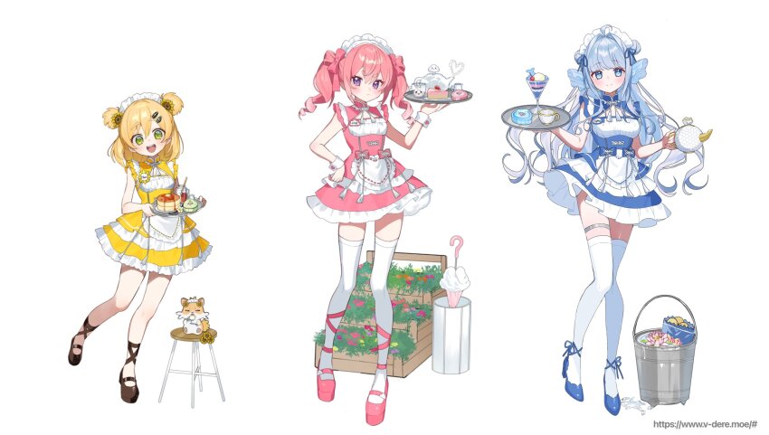 3girls, ahoge, akrngo_0708, alpha_betta_(vtuber), alternate_costume, animal, blonde_hair, blue_bow, blue_dress, blue_eyes, blue_hair, blue_ribbon, blue_shorts, bow, breasts, brown_shoes, bucket, cake, cake_slice, chips_(food), closed_mouth, cup, double_bun, dress, enmaided, fins, fish_girl, flower, food, frilled_dress, frills, green_eyes, hair_bow, hair_bun, hair_flower, hair_intakes, hair_ornament, hair_ribbon, hairclip, hamuhima_(hani_hima), hand_on_own_hip, hani_hima_(v-dere), head_fins, highres, holding, holding_tray, kirispica, long_hair, maid, maid_headdress, multiple_girls, name_tag, official_art, open_mouth, pancake, parfait, pink_bow, pink_dress, pink_hair, pink_shoes, potato_chips, purple_eyes, ribbon, shoes, shorts, sleeveless, sleeveless_dress, stool, sunflower, teacup, teapot, thigh_strap, thighhighs, tray, twintails, umbrella, umbrella_stand, v-dere, virtual_youtuber, water_lily_flower, watermark, web_address, white_background, white_thighhighs, wrist_cuffs, yellow_dress