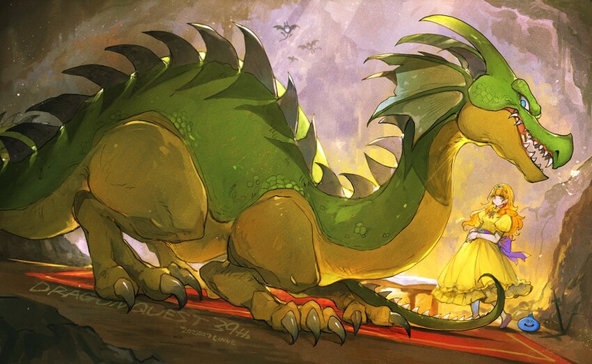 1girl, anniversary, back_ribbon, blue_eyes, cave_interior, claws, commentary_request, copyright_name