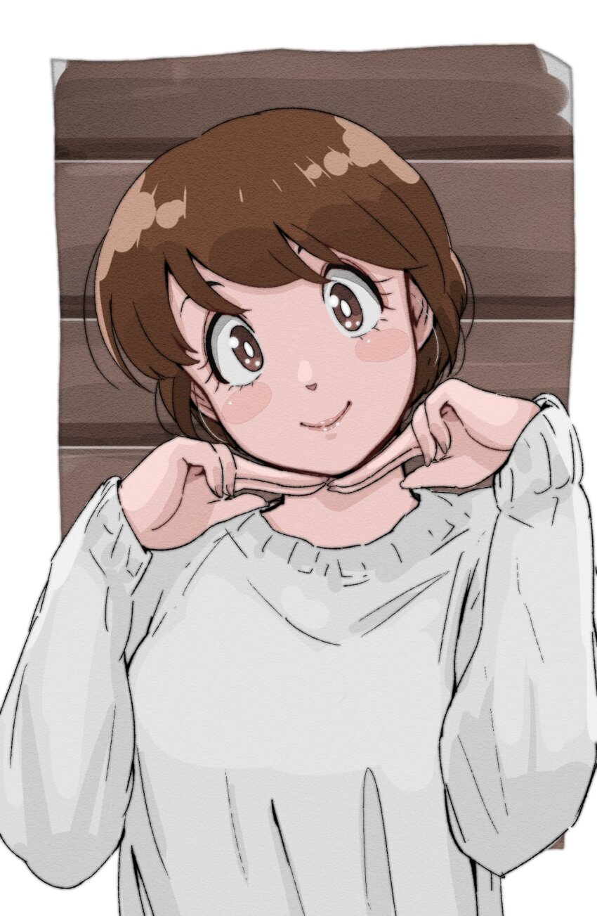 blush, brown_background, brown_eyes, brown_hair, fingers_on_chin, hands_up, highres, long_sleeves