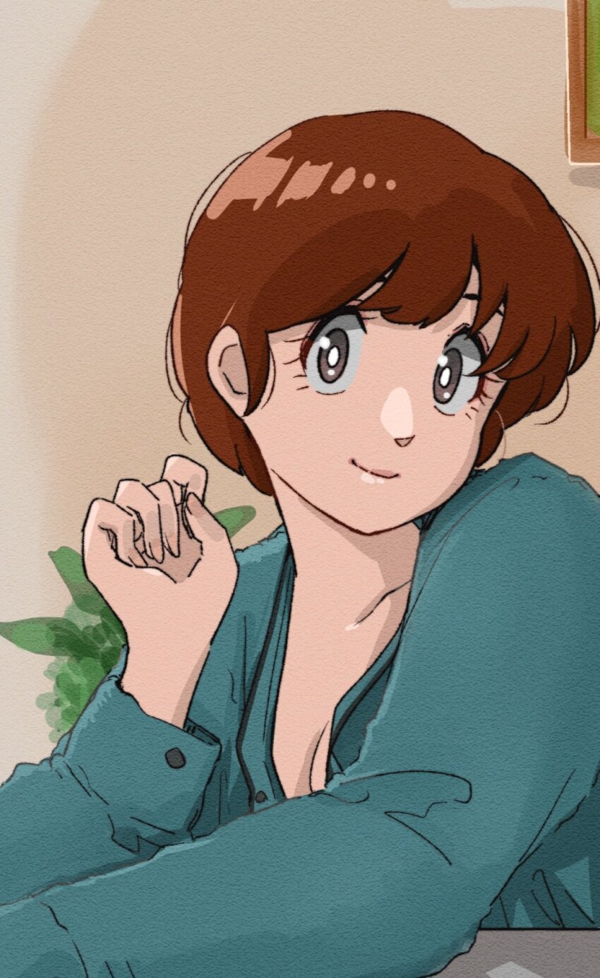 breasts, brown_eyes, brown_hair, cleavage, hand_up, highres, long_sleeves, maison_ikkoku