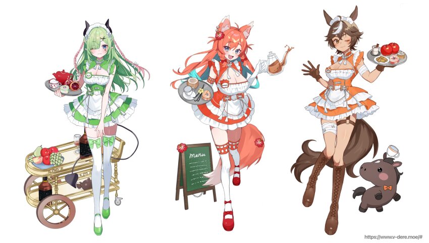 3girls, ahoge, airi_viridis, akrngo_0708, alternate_costume, animal_ear_fluff, animal_ears, apple, bandaged_arm, bandaged_leg, bandages, blue_eyes, boots, bow, bowtie, braid, breasts, brown_boots, brown_eyes, brown_gloves, brown_hair, chalkboard_sign, cleavage, closed_mouth, cup, demon_horns, demon_tail, dress, drinking_glass, elbow_gloves, enmaided, facial_mark, flower, food, frilled_dress, frills, fruit, gloves, grapes, green_bow, green_bowtie, green_dress, green_eyes, green_hair, green_shoes, hair_bow, hair_flower, hair_ornament, hair_over_one_eye, heart, heart_facial_mark, highres, holding, holding_tray, horns, horse, horse_ears, horse_girl, horse_tail, large_breasts, long_hair, maid, maid_headdress, medium_breasts, menu_board, mozumi_pichi, multicolored_hair, multiple_girls, name_tag, official_art, one_eye_closed, open_mouth, orange_dress, orange_hair, pear, pink_hair, red_flower, red_shoes, shoes, short_hair, sleeveless, sleeveless_dress, streaked_hair, tail, teacup, teapot, thigh_strap, thighhighs, tomoe_umari, tray, twin_braids, umarmy_(tomoe_umari), v-dere, virtual_youtuber, watermark, web_address, white_background, white_bow, white_bowtie, white_gloves, white_hair, white_thighhighs, wolf_ears, wolf_girl, wolf_tail, x_hair_ornament