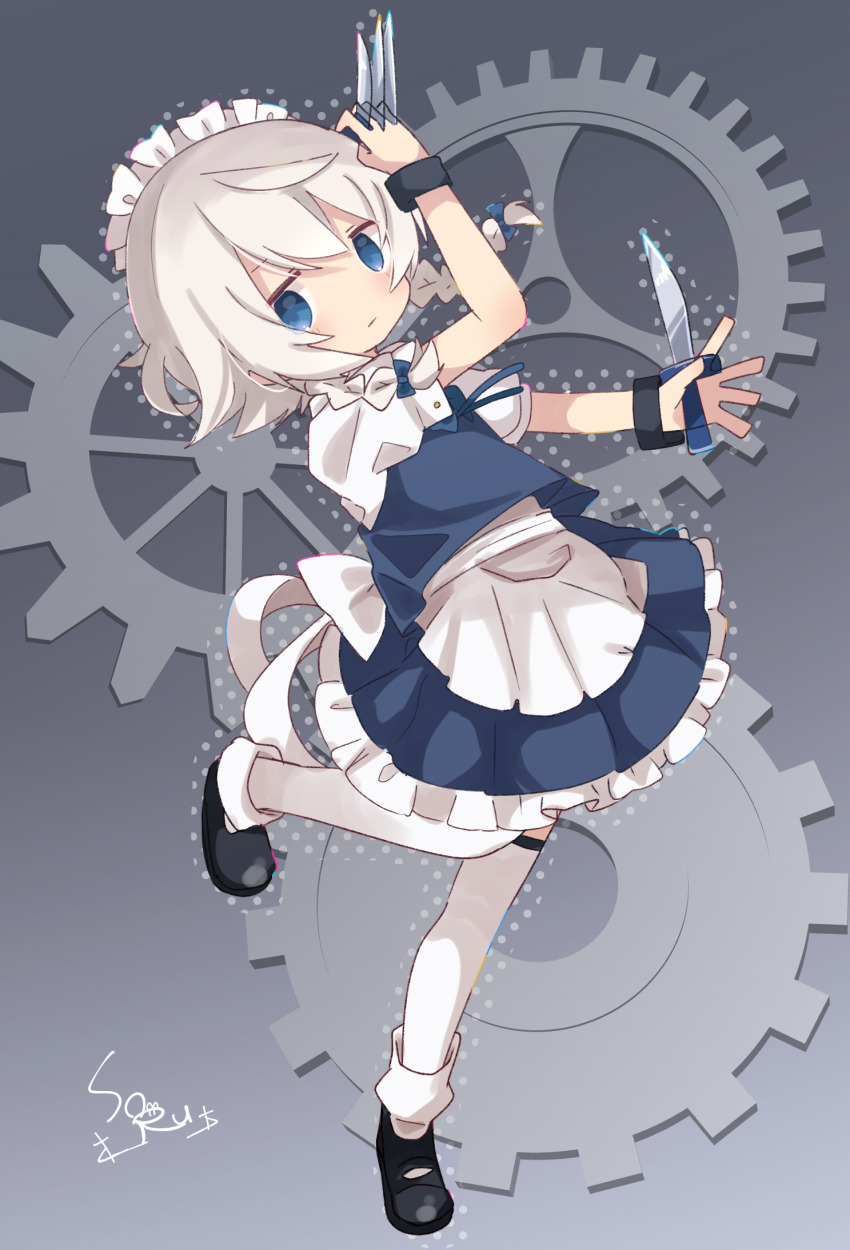 1girl, apron, between_fingers, black_shoes, blue_bow, blue_eyes, bow, braid