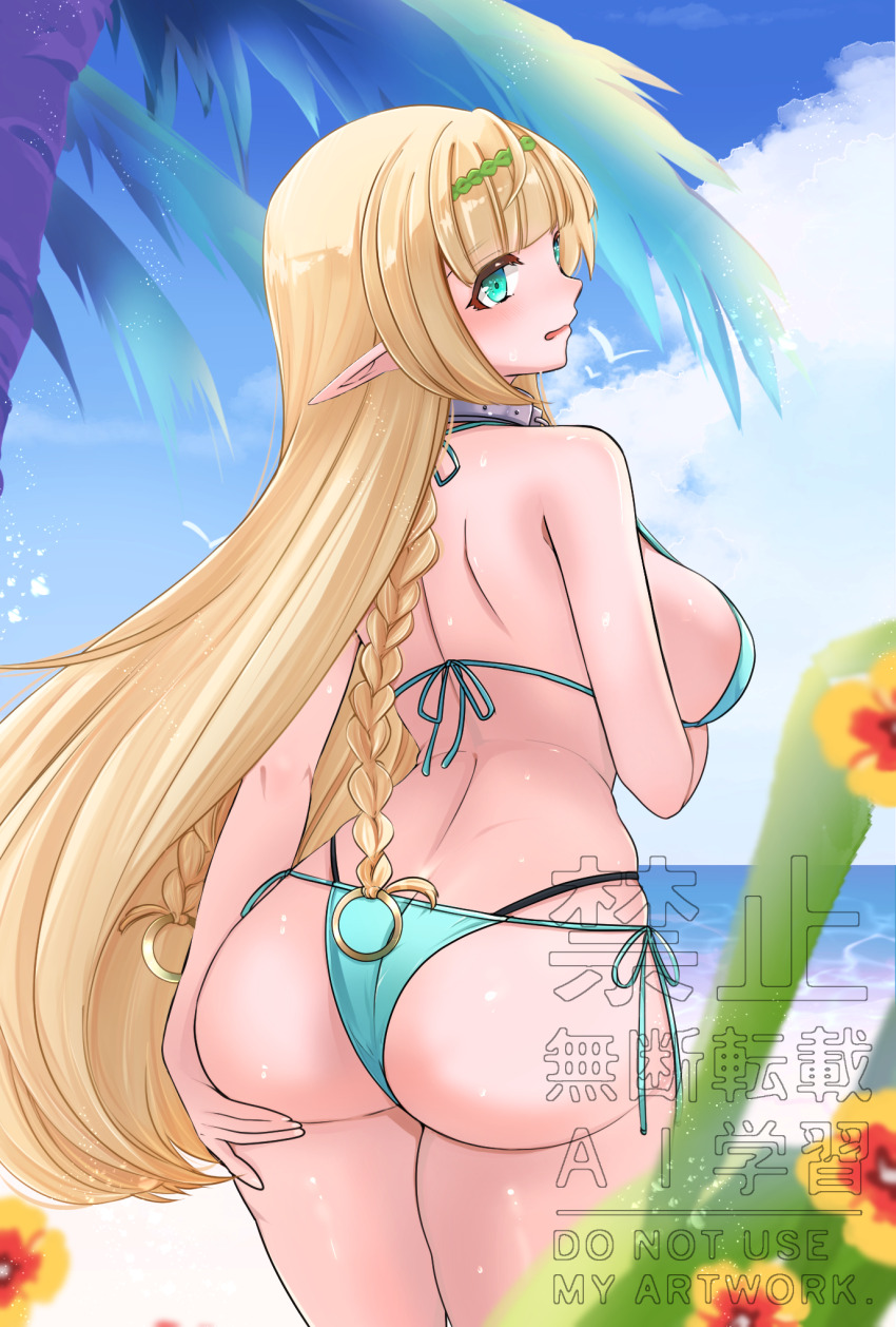 1girl, aqua_bikini, aqua_eyes, arm_under_breasts, ass, backboob, bikini, blonde_hair, braid, breasts, collar, commission, elf, eyebrows_hidden_by_hair, from_behind, hand_on_own_ass, highres, isekai_maou_to_shoukan_shoujo_no_dorei_majutsu, kasakasako, large_breasts, long_hair, looking_at_viewer, looking_back, metal_collar, ocean, open_mouth, palm_tree, pointy_ears, shera_l._greenwood, skeb_commission, solo, swimsuit, tree