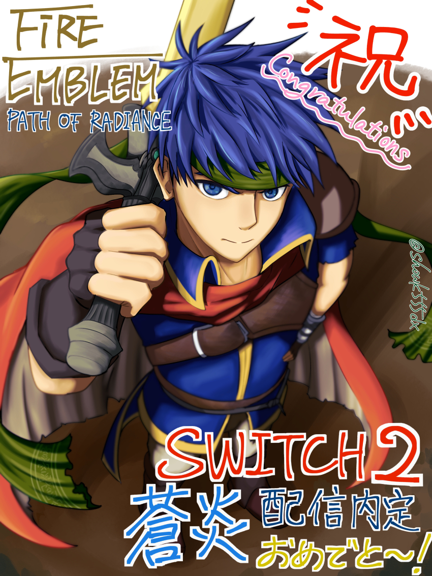 1boy, absurdres, blue_eyes, blue_hair, cape, commentary_request, congratulations, copyright_name