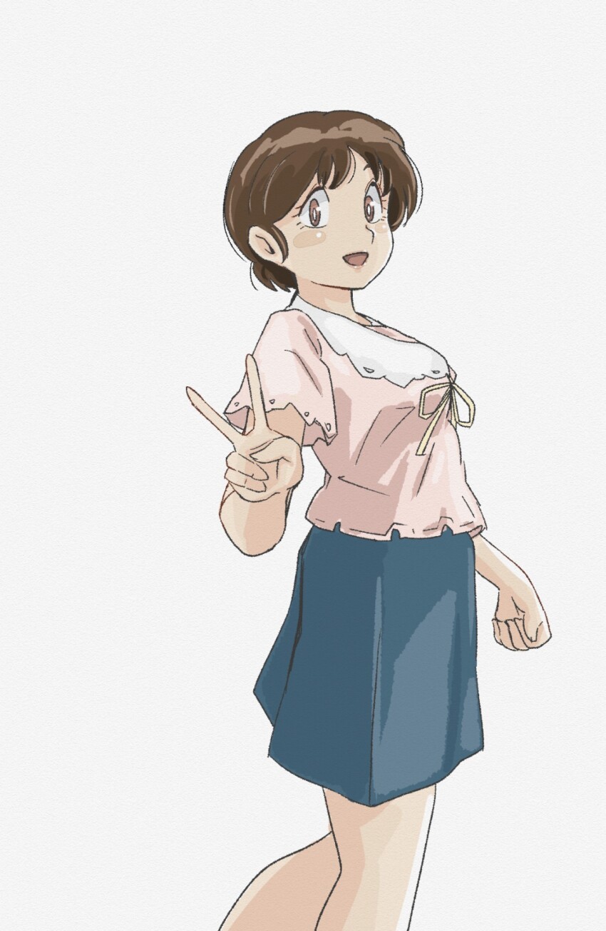 blue_skirt, blush, brown_eyes, brown_hair, highres, maison_ikkoku, nanao_kozue, parted_lips