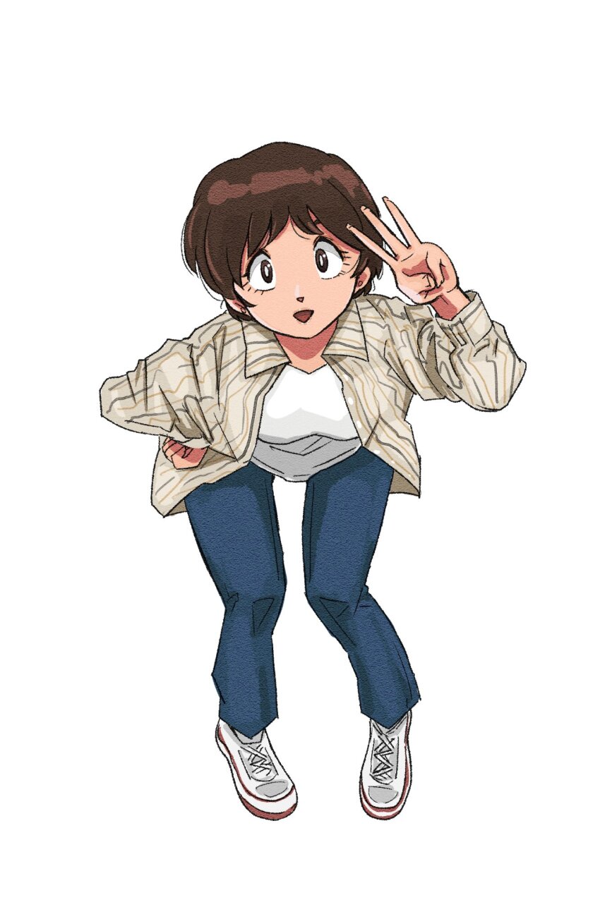 3_fingers_up, bent_over, brown_eyes, brown_hair, collared_shirt, denim, hand_against_hip, highres, jeans, maison_ikkoku, nanao_kozue, pants, poppowerhearts, shirt, shoes, simple_background, sneakers, striped_clothes, white_background, white_shirt, white_shoes