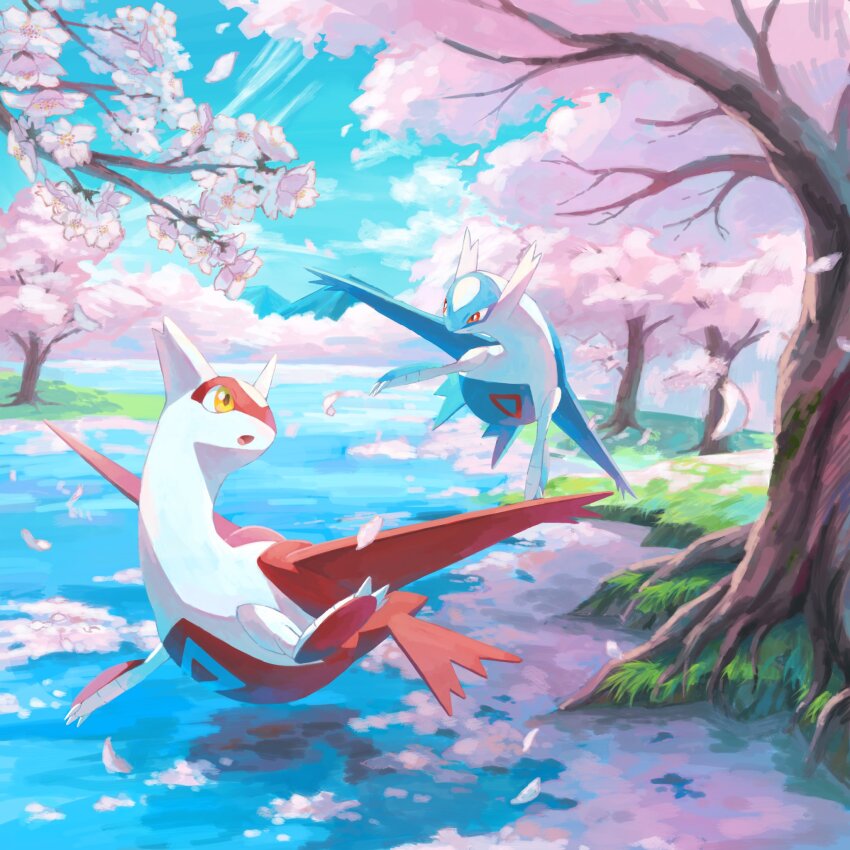 cherry_blossoms, claws, closed_mouth, cloud, day, flying, gen_3_pokemon, highres