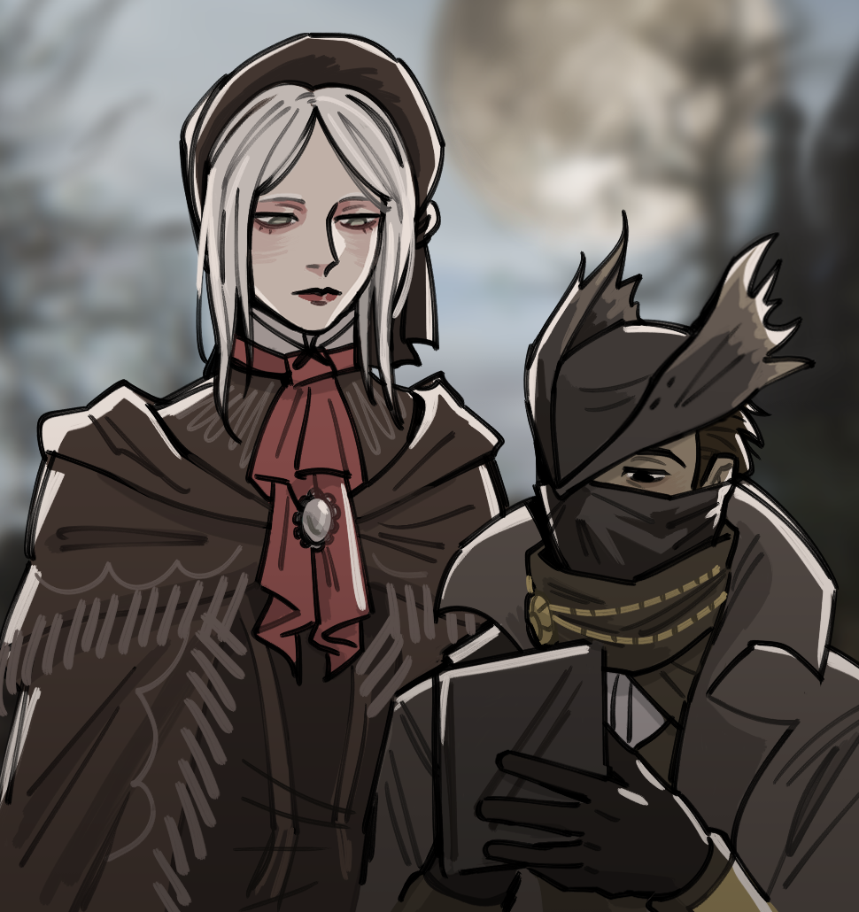 1boy, 1girl, :|, ascot, bloodborne, blurry, blurry_background, bonnet