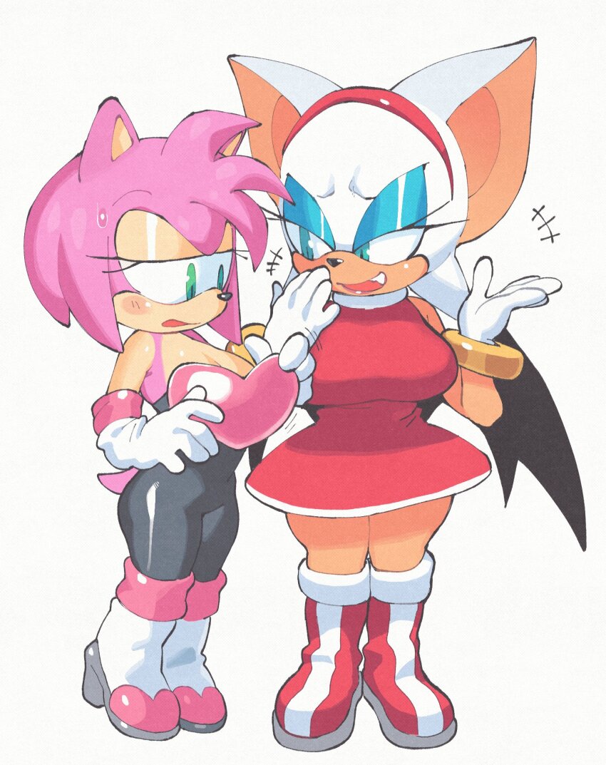 +++, 2girls, amy_rose, animal_ears, animal_nose, bare_shoulders, bat_ears, bat_girl