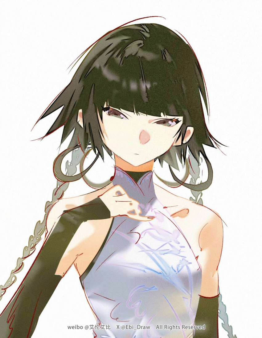 1girl, artist_name, bare_shoulders, black_hair, black_sleeves, bleach, braid, china_dress
