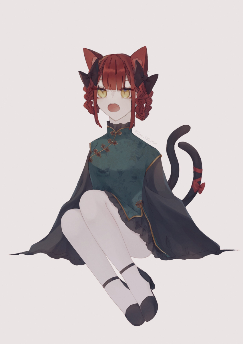1girl, animal_ears, black_dress, black_shoes, blunt_bangs, braid, braided_hair_rings, cat_ears, cat_girl, china_dress, chinese_clothes, collared_dress, dress, fang, hair_rings, high_heels, highres, hina_(uhnt4478), kaenbyou_rin, multiple_tails, open_mouth, pantyhose, red_hair, red_ribbon, ribbon, shoes, short_hair, sidelocks, simple_background, solo, tail, tail_ornament, tail_ribbon, touhou, two_tails, white_background, white_pantyhose, yellow_eyes