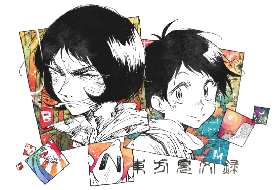 3boys, black_hair, blowing_smoke, cigarette, copyright_name, crescent, extendx0, grin, male_focus, marco_polo_(touhouken_bunroku), military_uniform, multiple_boys, scarf, short_hair, smile, smoking, the_narrator_(touhouken_bunroku), touhouken_bunroku, touhouken_bunroku_(game), waves