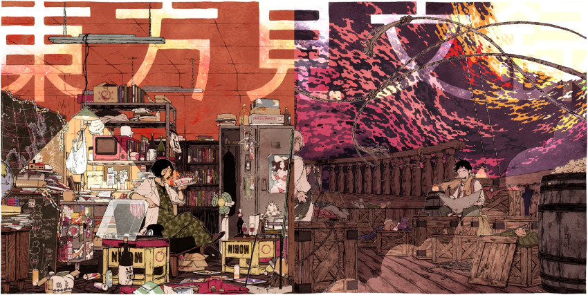 2boys, absurdly_detailed_composition, barrel, black_eyes, black_hair, book, book_stack, brown_hair, can, copyright_name, crate, drink_can, electric_fan, extendx0, indoors, loaded_interior, marco_polo_(touhouken_bunroku), messy_room, military_uniform, multiple_boys, red_vest, scarf, ship, short_hair, sitting, television, time_paradox, touhouken_bunroku, touhouken_bunroku_(game), trash, trash_bag, vest, watercraft, yellow_scarf
