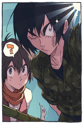 2boys, ?, bamboo, black_eyes, black_hair, blue_eyes, brown_hair, extendx0
