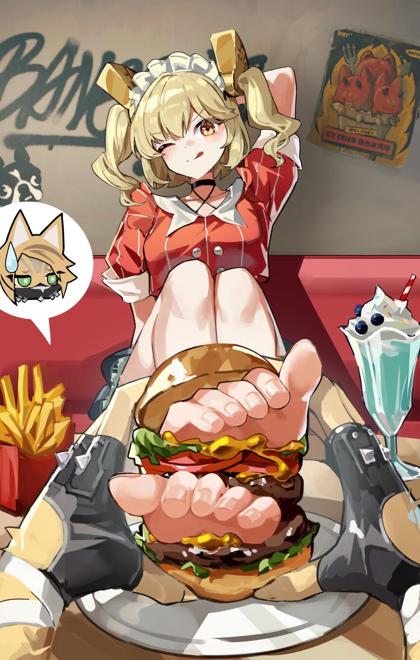 2girls, absurdres, bare_legs, barefoot, blonde_hair, blush, breasts, burger, burnice_white, burnice_white_(operation_yum_2025), collarbone, collared_shirt, crop_top, feet, feet_burger_(meme), feet_in_food, fingerless_gloves, food, french_fries, full_body, furry, furry_female, gloves, hair_ornament, highres, indoors, knees_up, licking_lips, long_hair, looking_at_viewer, maid_headdress, medium_breasts, meme, milkshake, miniskirt, multiple_girls, one_eye_closed, orange_eyes, plate, pov, ppangchil, pulchra_fellini, red_shirt, revision, shadow, shirt, short_sleeves, skirt, solo_focus, toenails, toes, tongue, tongue_out, twintails, waitress, yuri, zenless_zone_zero