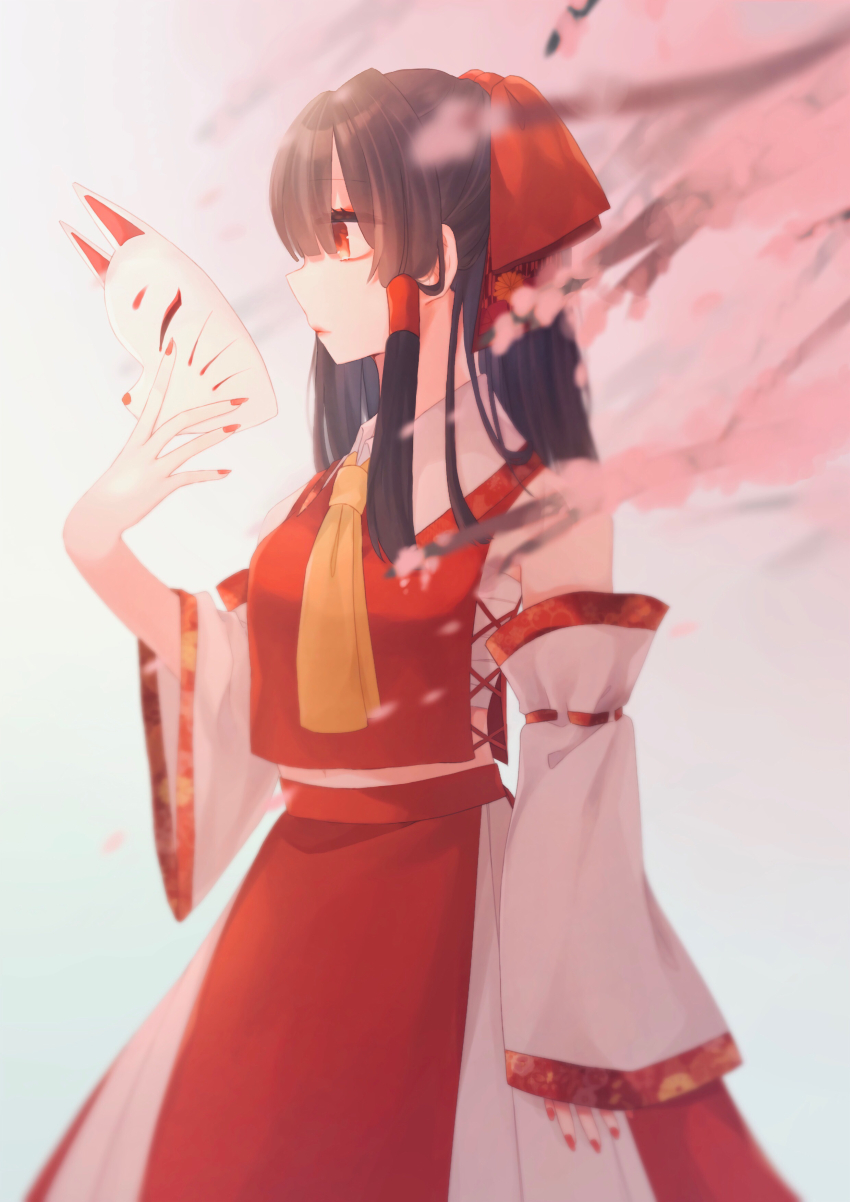 1girl, absurdres, ascot, black_hair, blunt_bangs, chest_sarashi, collared_shirt, detached_sleeves, fox_mask, hair_between_eyes, hair_ribbon, hair_tubes, hakurei_reimu, highres, hina_(uhnt4478), holding, holding_mask, long_hair, mask, no_panties, red_lips, red_nails, red_ribbon, red_shirt, red_skirt, ribbon, sarashi, shirt, sidelocks, skirt, sleeveless, sleeveless_shirt, solo, touhou, yellow_ascot