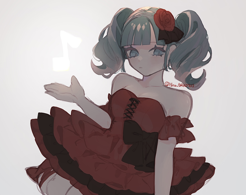 1girl, aqua_eyes, aqua_hair, arm_cuffs, bare_shoulders, black_dress, black_ribbon, blunt_bangs