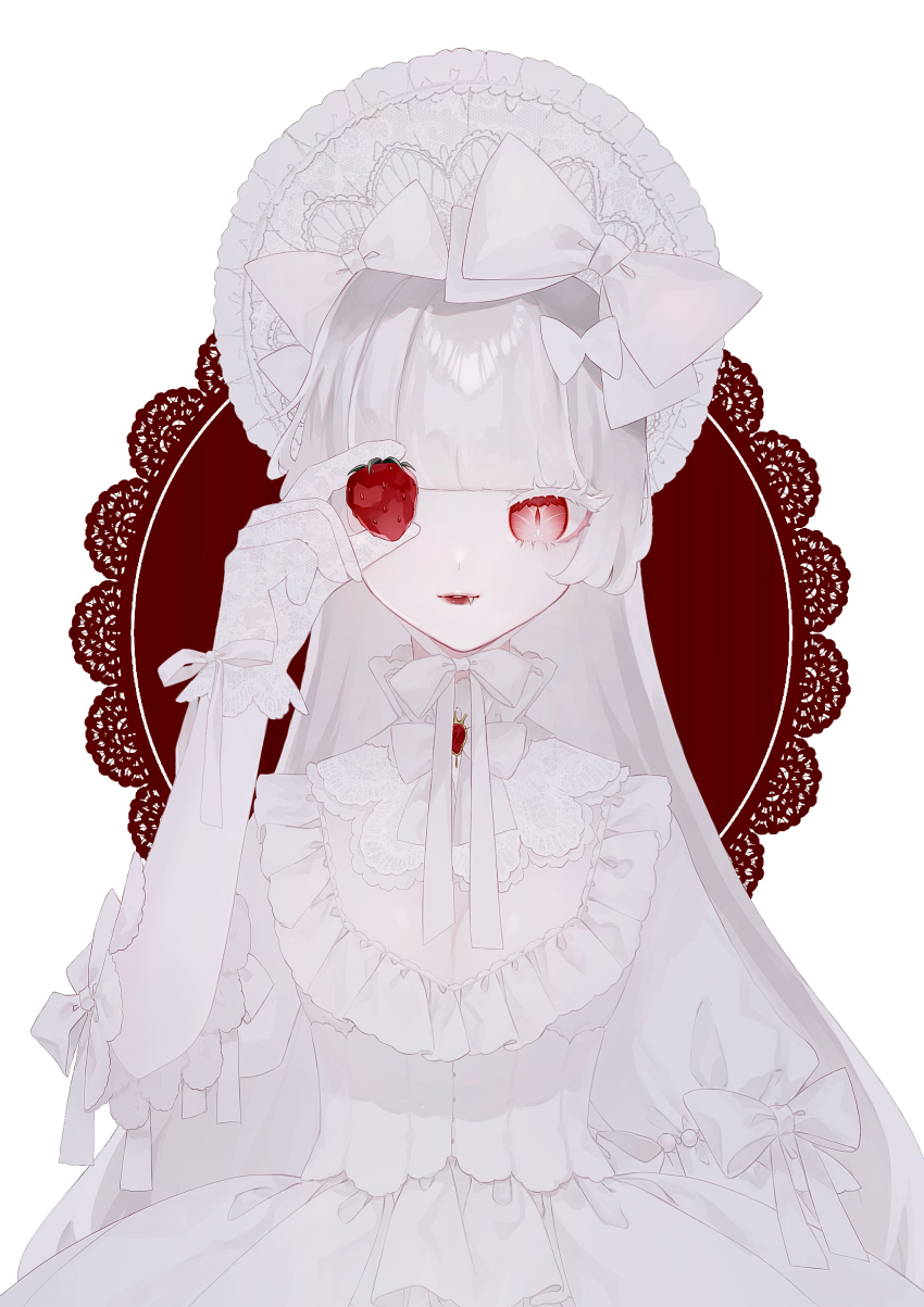 1girl, absurdres, blunt_bangs, bonnet, bow, bowtie, dress, food