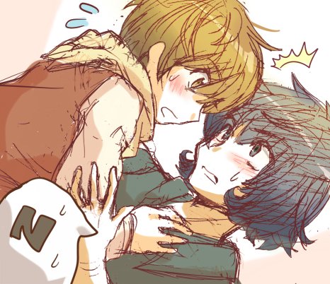 3boys, black_eyes, black_hair, blush, brown_hair, commentary, hamaneko29q, lowres