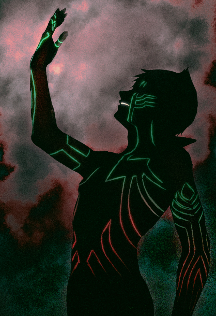 1boy, body_markings, dark_background, demi-fiend, full-body_tattoo, glowing, glowing_tattoo, hand_up, highres, horns, looking_up, male_focus, shin_megami_tensei, shin_megami_tensei_iii:_nocturne, short_hair, silhouette, silhouette_demon, single_horn, smile, solo, sssstretto, tattoo, topless_male