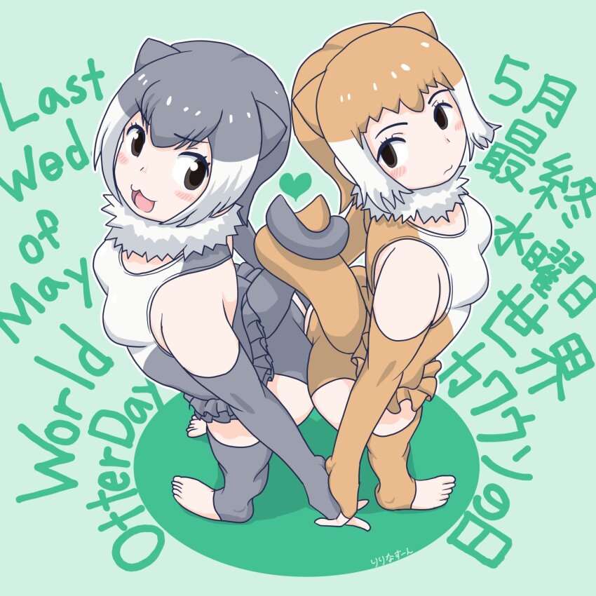2girls, :3, animal_ears, back-to-back, bare_shoulders, blush, brown_eyes, brown_gloves, brown_hair, brown_one-piece_swimsuit, brown_thighhighs, elbow_gloves, english_text, fingerless_gloves, frilled_one-piece_swimsuit, frills, from_above, gloves, grey_gloves, grey_hair, grey_one-piece_swimsuit, grey_thighhighs, highres, holding_hands, japanese_otter_(kemono_friends), kemono_friends, multicolored_hair, multiple_girls, one-piece_swimsuit, otter_ears, otter_girl, otter_tail, ririnasoon, short_hair, sidelocks, sleeveless, small-clawed_otter_(kemono_friends), swimsuit, tail, tail_wrap, thighhighs, toeless_legwear, translation_request, two-tone_hair, two-tone_one-piece_swimsuit, white_hair, white_one-piece_swimsuit