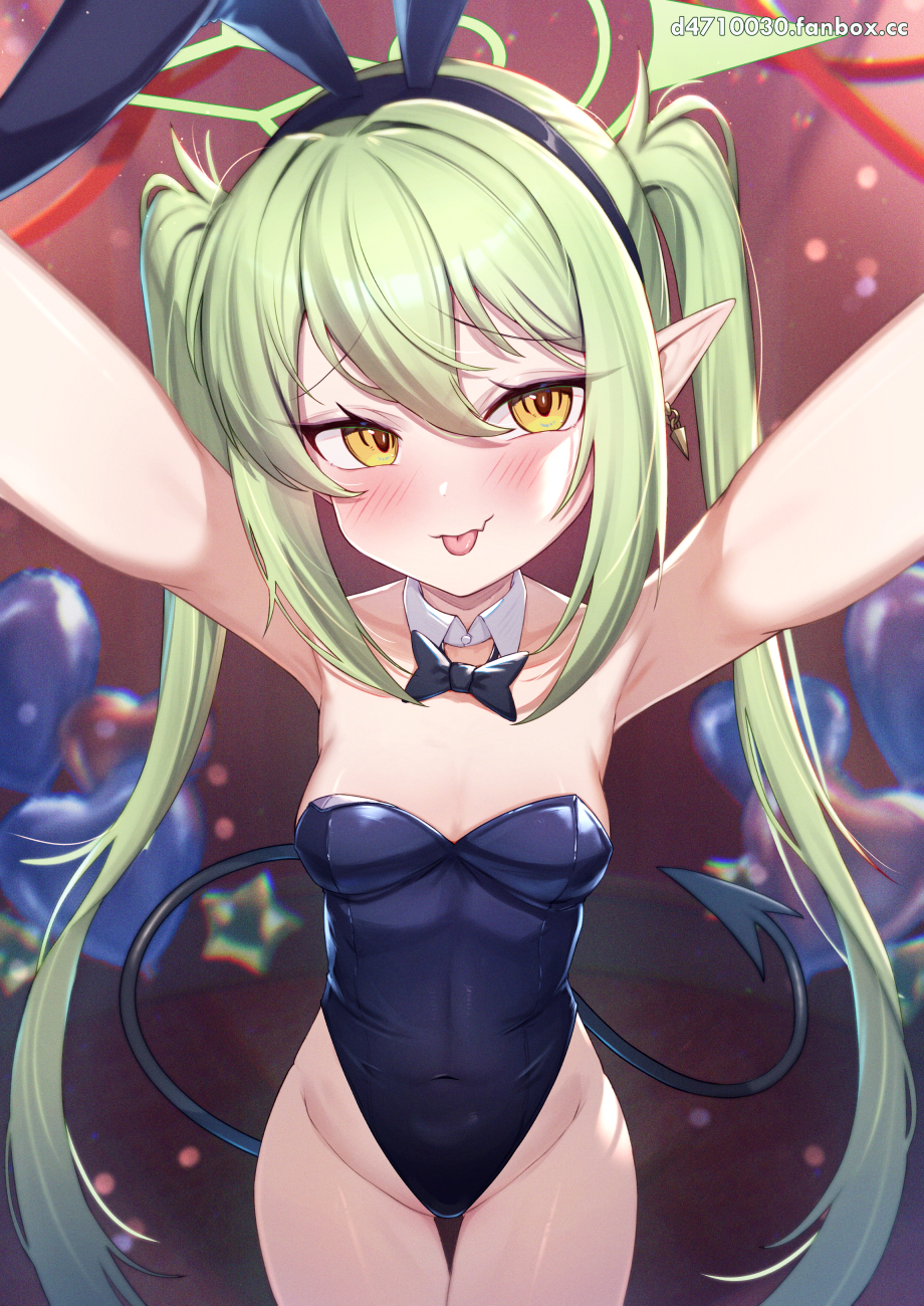 1girl, animal_ear_hairband, animal_ears, balloon, black_pantyhose, blue_archive, blue_bow, blue_bowtie