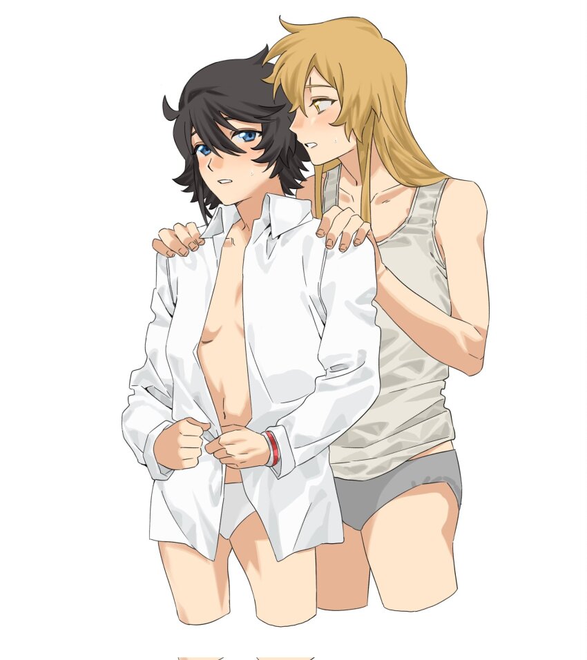 2girls, alternate_costume, bare_shoulders, black_hair, blonde_hair, blue_eyes, bracelet, breasts