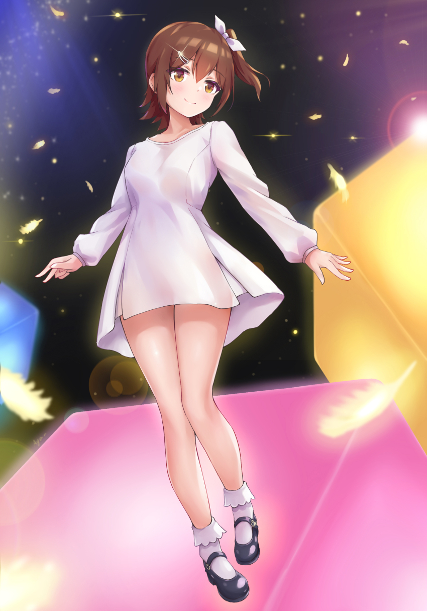 1girl, absurdres, black_shoes, blush, breasts, brown_eyes, brown_hair, closed_mouth, dress, falling_feathers, feathers, full_body, glint, hair_ornament, hair_ribbon, hairclip, highres, idolmaster, idolmaster_million_live!, idolmaster_million_live!_(anime), kasuga_mirai, koaya, long_sleeves, looking_at_viewer, mary_janes, one_side_up, ribbon, shoes, short_dress, smile, socks, solo, standing, white_dress, white_ribbon, white_socks