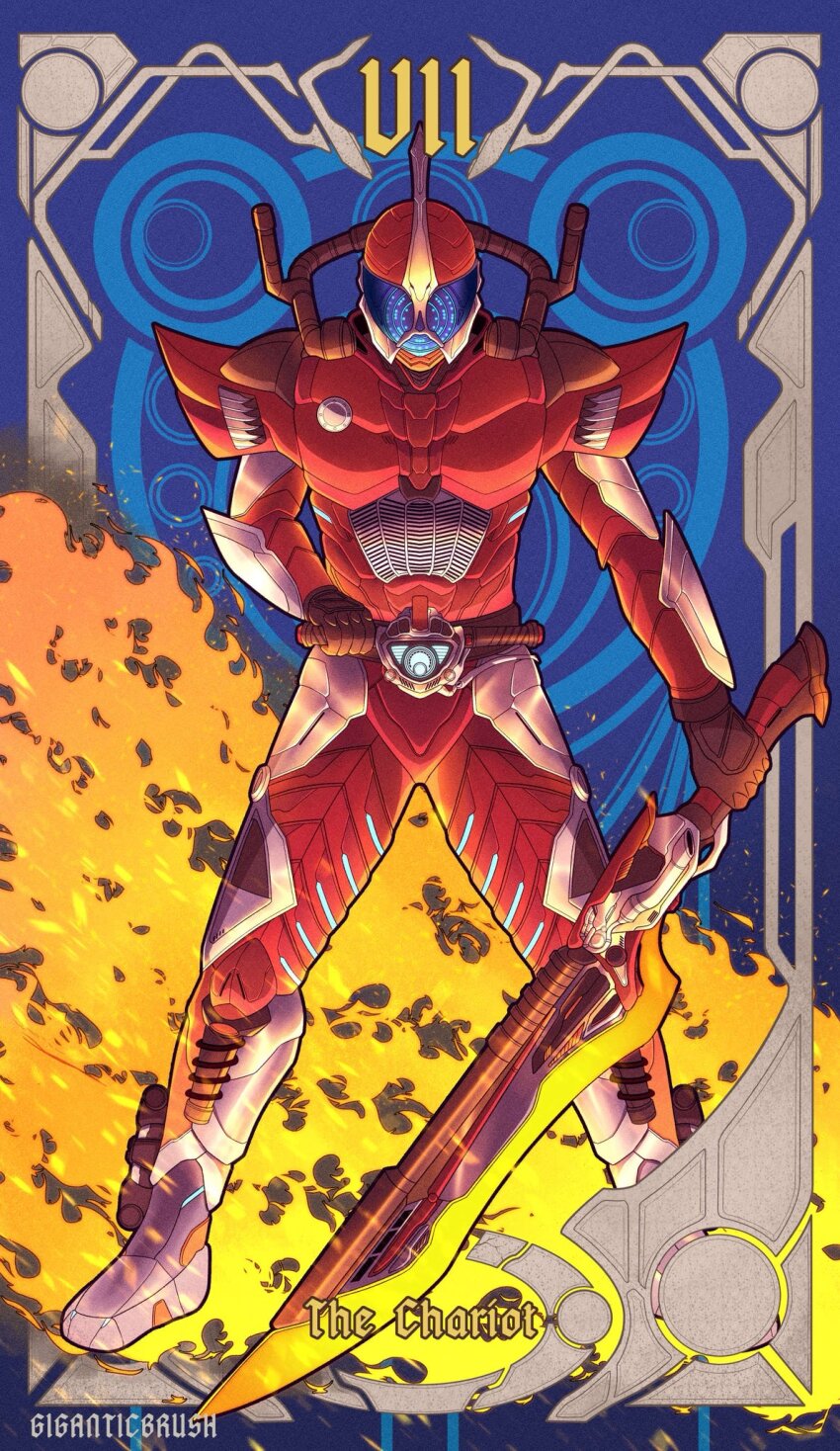 1boy, acceldriver, armor, belt, blue_eyes, card_(medium), compound_eyes, engineblade, english_text, giganticbrush, glowing, glowing_eyes, helmet, highres, holding, holding_sword, holding_weapon, kamen_rider, kamen_rider_accel, kamen_rider_w, looking_at_viewer, male_focus, rider_belt, roman_numeral, solo, standing, sword, tarot, tarot_(medium), the_chariot_(tarot), tokusatsu, trial_memory, weapon