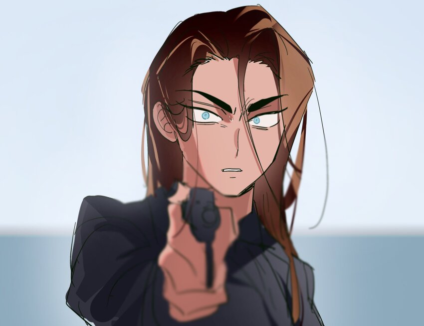 1girl, aiming, aiming_at_viewer, alien_stage, black_shirt, brown_hair, commentary, cosplay