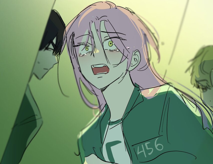 1girl, 2boys, alien_stage, black_hair, blonde_hair, commentary, green_jacket, hashtag-only_commentary