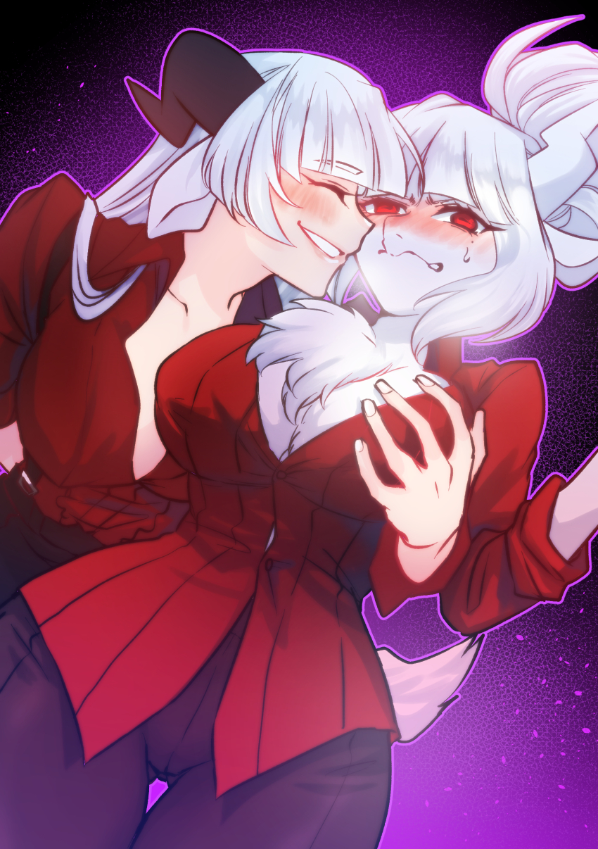 absurdres, baphomet_(grizz), blush, breast_biting, demon_girl, demon_horns, demon_tail, demongem