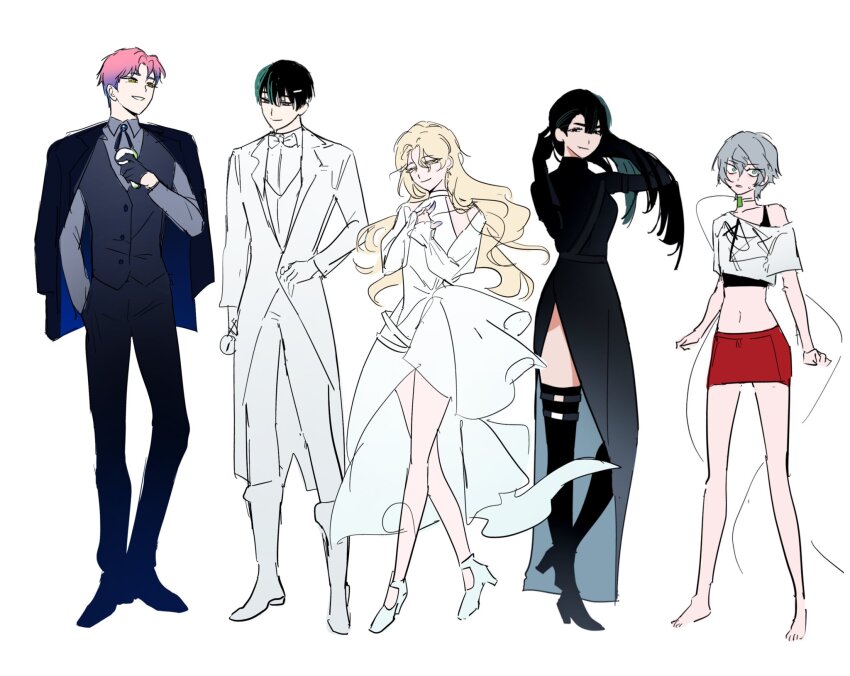 2boys, 3girls, alien_stage, barefoot, black_boots, black_eyes, black_gloves, black_hair