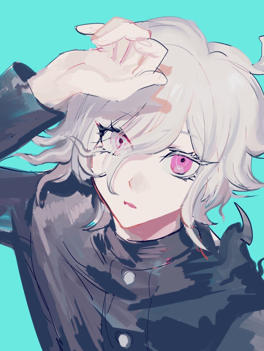 1boy, blue_background, bowknot_huhu, colored_eyelashes, eyelashes, hair_over_one_eye, hand_up, heterochromia