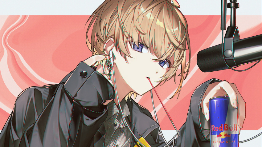 1boy, absurdres, black_jacket, blonde_hair, blue_eyes, buttons, can, collared_shirt, earrings, food, food_in_mouth, fura_kanato, fura_kanato_(3rd_costume), hand_up, headphones, highres, holding, holding_can, jacket, jewelry, jisshu, letterboxed, looking_at_viewer, male_focus, medium_hair, microphone, mouth_hold, nijisanji, pink_background, pocky, pocky_in_mouth, red_bull, shirt, sleeves_past_wrists, solo, studio_microphone, upper_body, virtual_youtuber, white_shirt