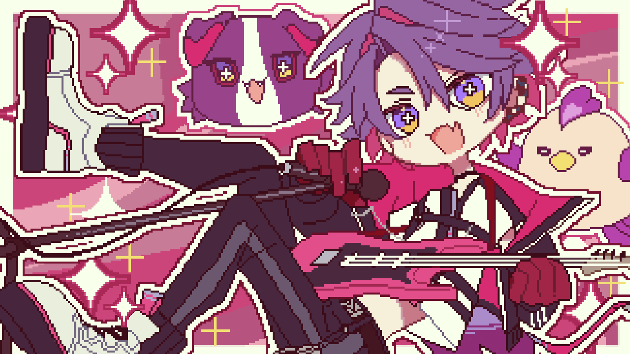 1boy, bird, black_jacket, black_pants, border, chicken, colored_inner_hair, commentary_request, cropped_jacket, dog, full_body, guitar, harness, holding, holding_guitar, holding_instrument, holding_microphone_stand, instrument, jacket, jisshu, male_focus, microphone, microphone_stand, multicolored_eyes, multicolored_hair, multicolored_jacket, murasakinoko_(watarai_hibari), nijisanji, open_mouth, pants, pink_background, pink_hair, pink_jacket, pixelated, purple_eyes, purple_hair, shirt, solo, sparkle, symbol-shaped_pupils, two-tone_eyes, two-tone_jacket, virtual_youtuber, watarai_hibari, watarai_hibari_(1st_costume), white_shirt, x-shaped_pupils, yellow_eyes