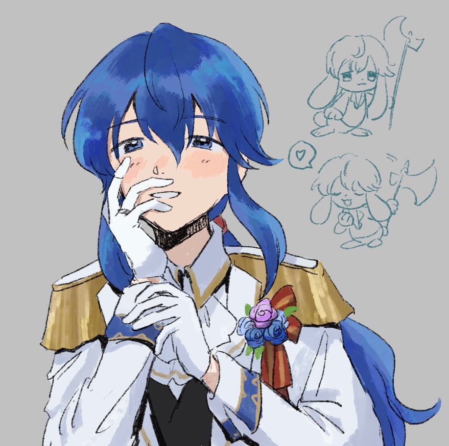 1boy, :3, animal_ears, ascot, axe, black_vest, blue_eyes, blue_hair