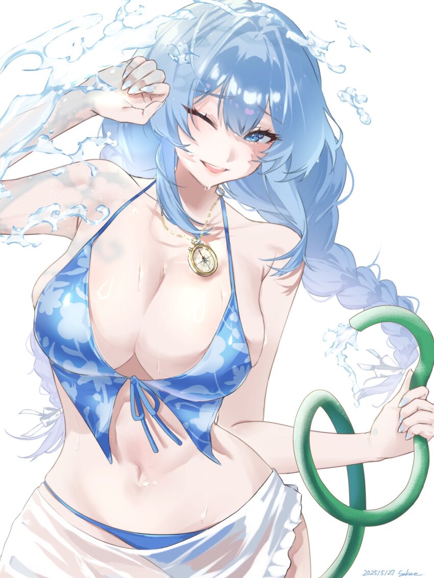 1girl, alternate_costume, artist_name, bikini, blue_bikini, blue_eyes, blue_hair, braid