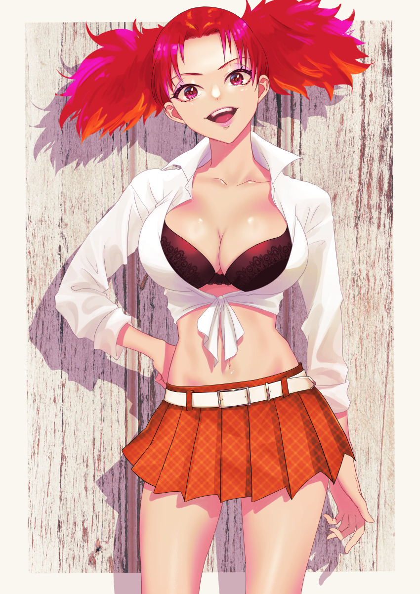 1girl, absurdres, amesuku_gyaru, belt, bra, breasts, cleavage, commission, gyaru, highres, kogal, large_breasts, long_hair, looking_at_viewer, mega_man_(series), mega_man_battle_network_(series), mega_man_battle_network_1, midriff, ms._madd_(mega_man), navel, open_mouth, pixiv_commission, pleated_skirt, red_eyes, red_hair, shirt, skirt, smile, solo, tied_shirt, twintails, underwear, vuipui, white_shirt