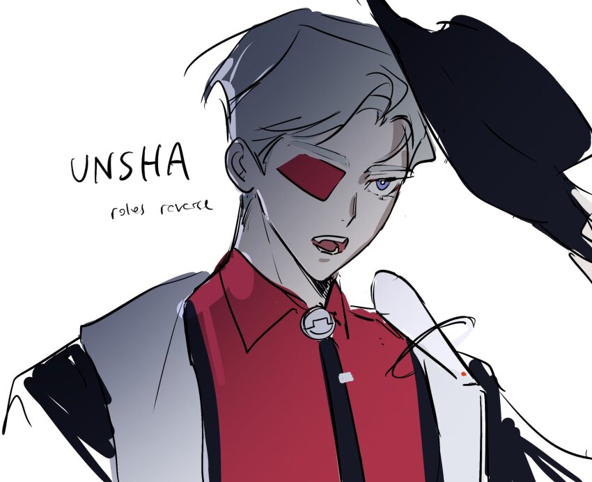 1boy, alien_stage, black_hat, character_name, collared_shirt, colored_eyepatch, commentary, english_commentary